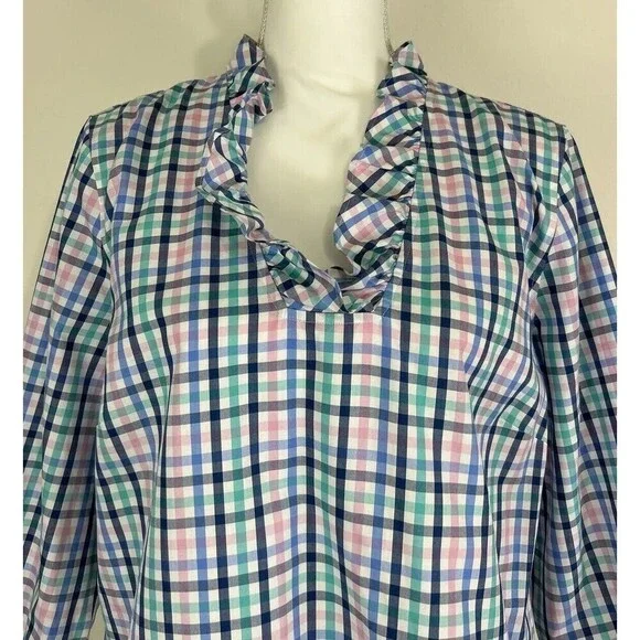 Talbots Petite No Iron Multi Color Ruffle-Neck Popover Gingham Tunic Size 16P - Picture 10 of 13